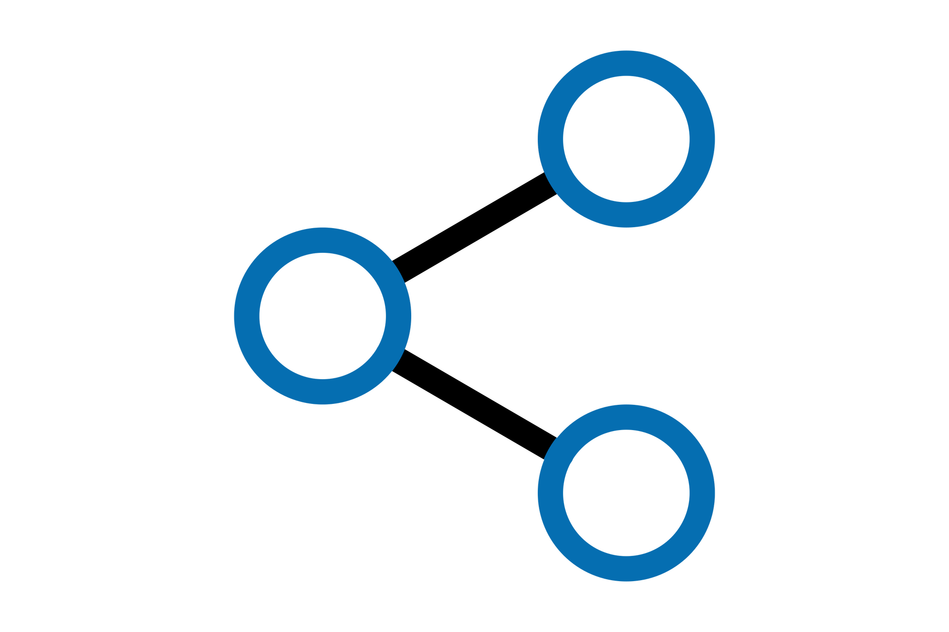 Icon with three dark blue circles, one on the left, two on the right. The left circle is connected with both right circles by a black line