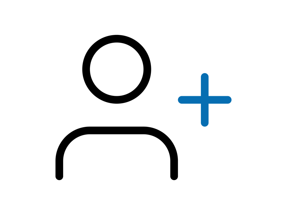 Icon mit einem Menschen aus einem Kreis als Kopf und einem Bogen als Oberkörper. Die Ränder der Forben sind als schwarze Linien dargestellt. Rechts neben dem Menschen ist ein dunkelblaues "Plus"-Zeichen.