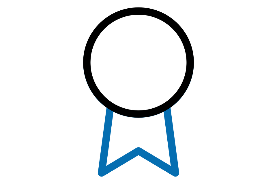 Icon mit einer abstrakten Medaille bestehend aus einem schwarzen Kreis und einer dunkelblauen Schleife.