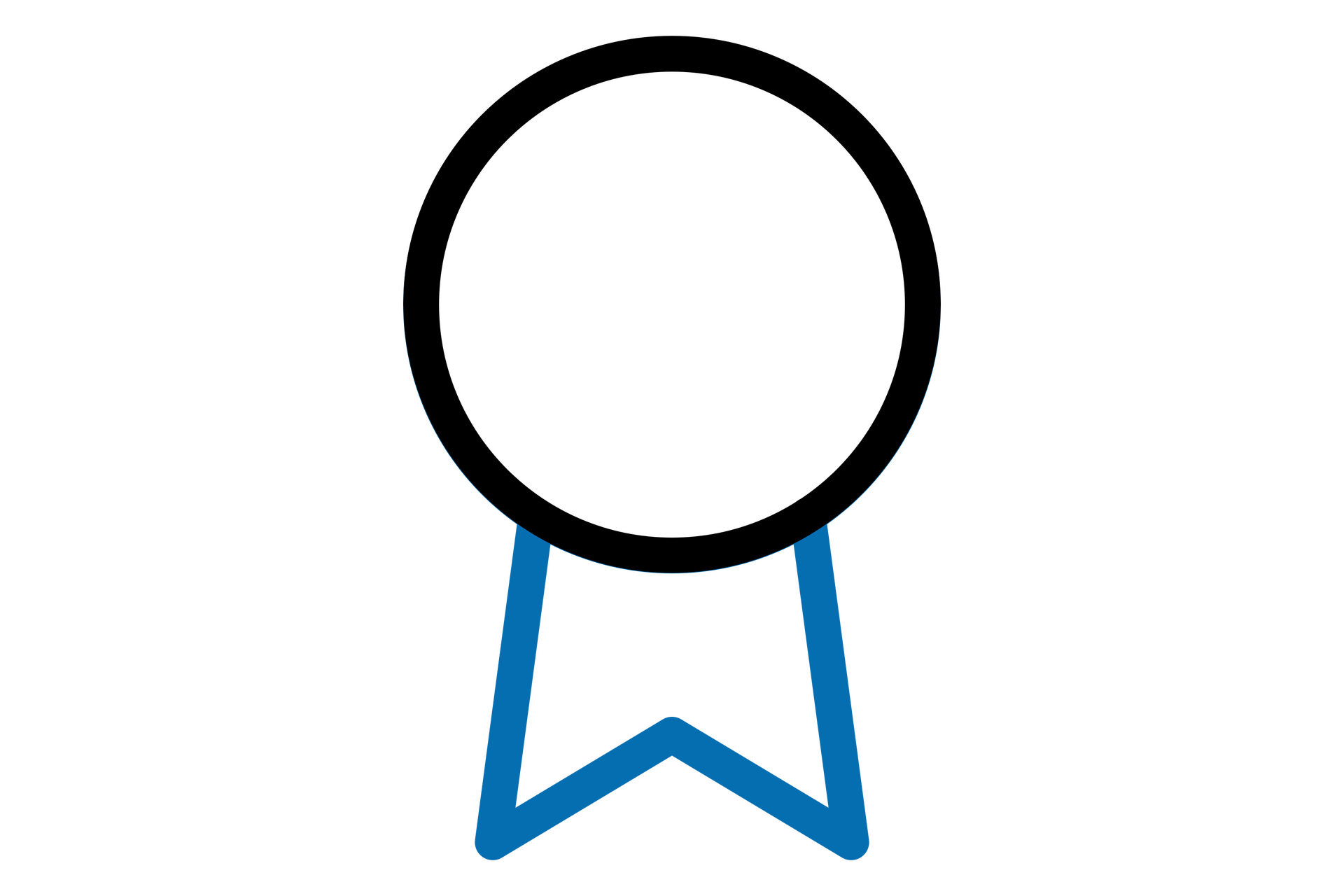 Icon with an abstract medal consisting of a black circle and a dark blue bow.