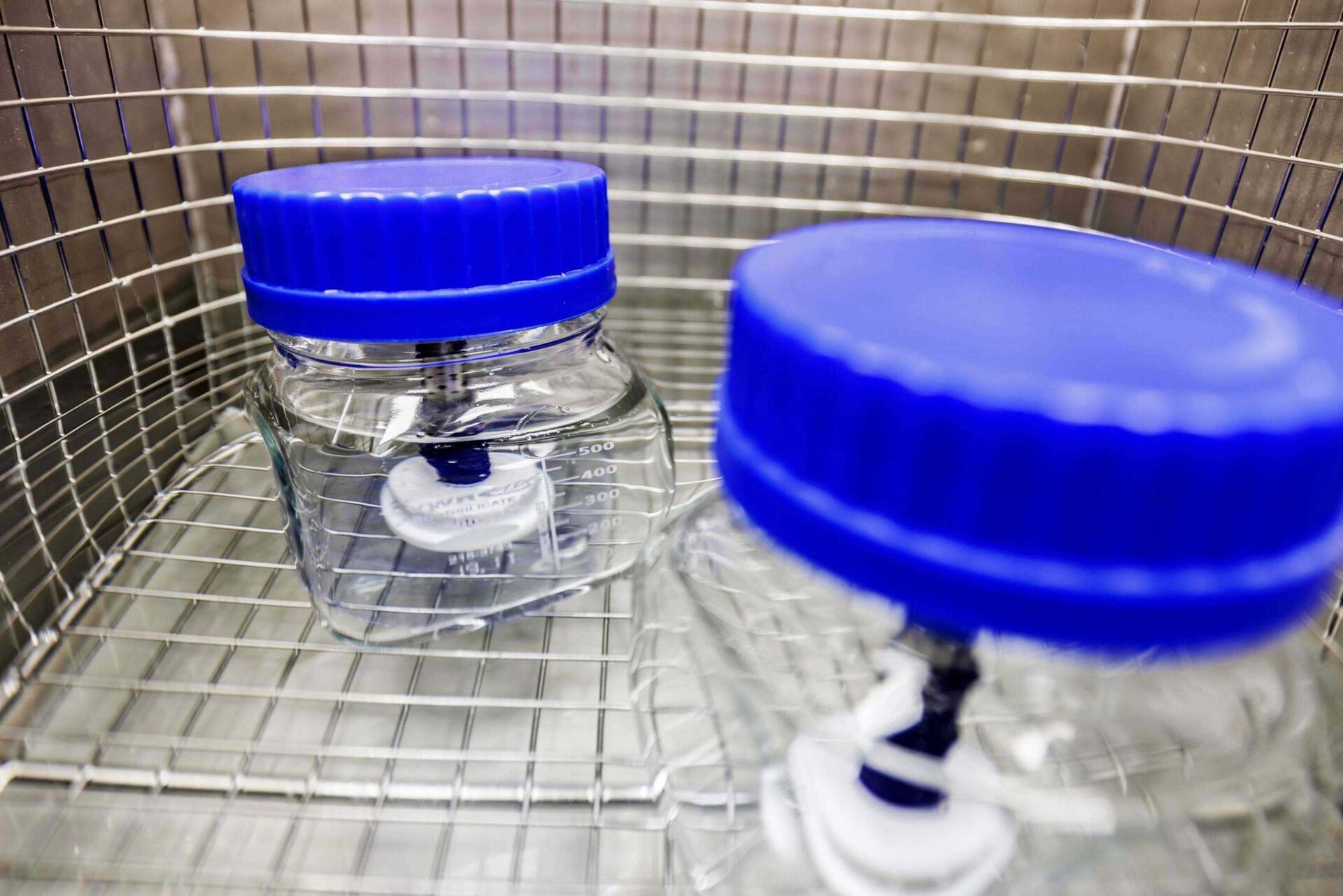 zwei Schraubgläser stehen mit der zu reinigenden Probe im Wasserbad zur Ultraschallreinigung