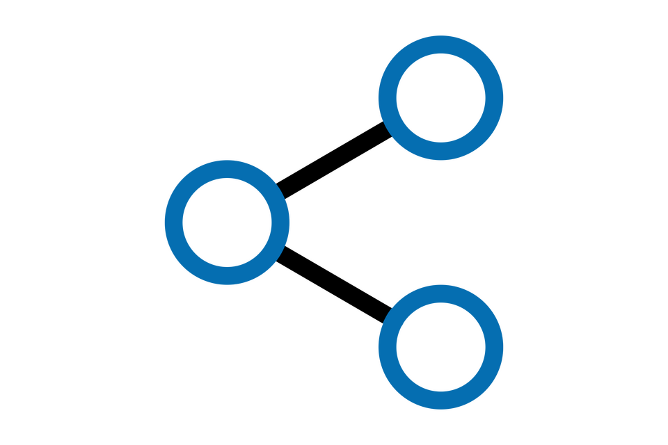 Icon mit drei dunkelblauen Kreisen, einer links, zwei rechts. Der linke Kreis ist mit beiden rechten Kreisen über eine schwarze Linie verbunden