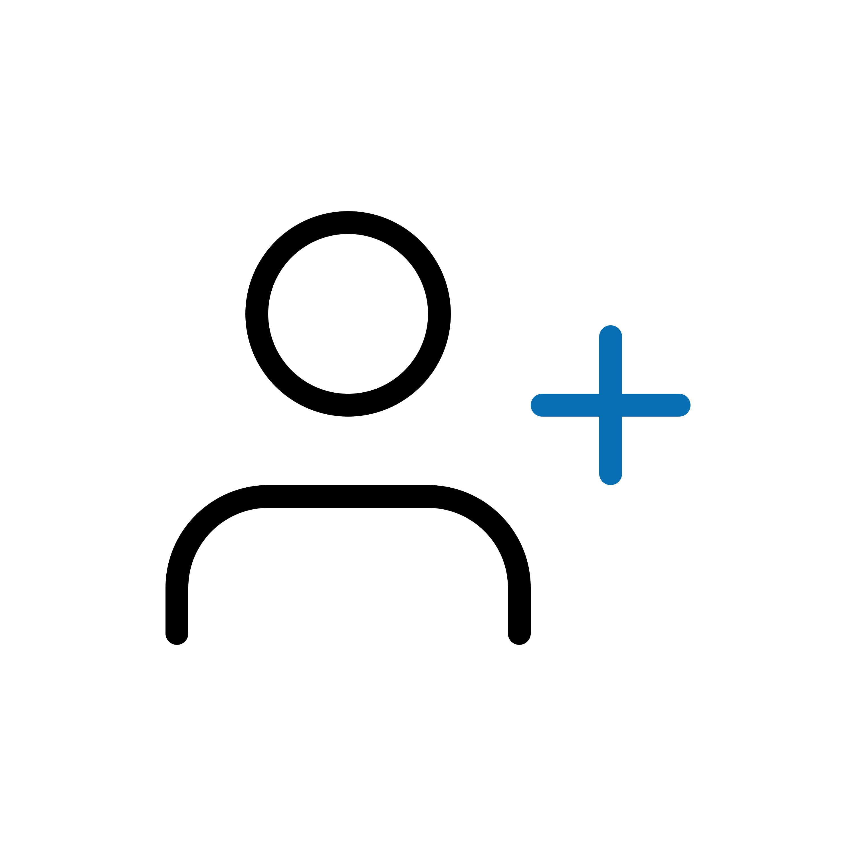 Icon with a human being made of a circle as a head and an arc as a torso. The edges of the forbs are shown as black lines. To the right of the human is a dark blue "plus" sign.